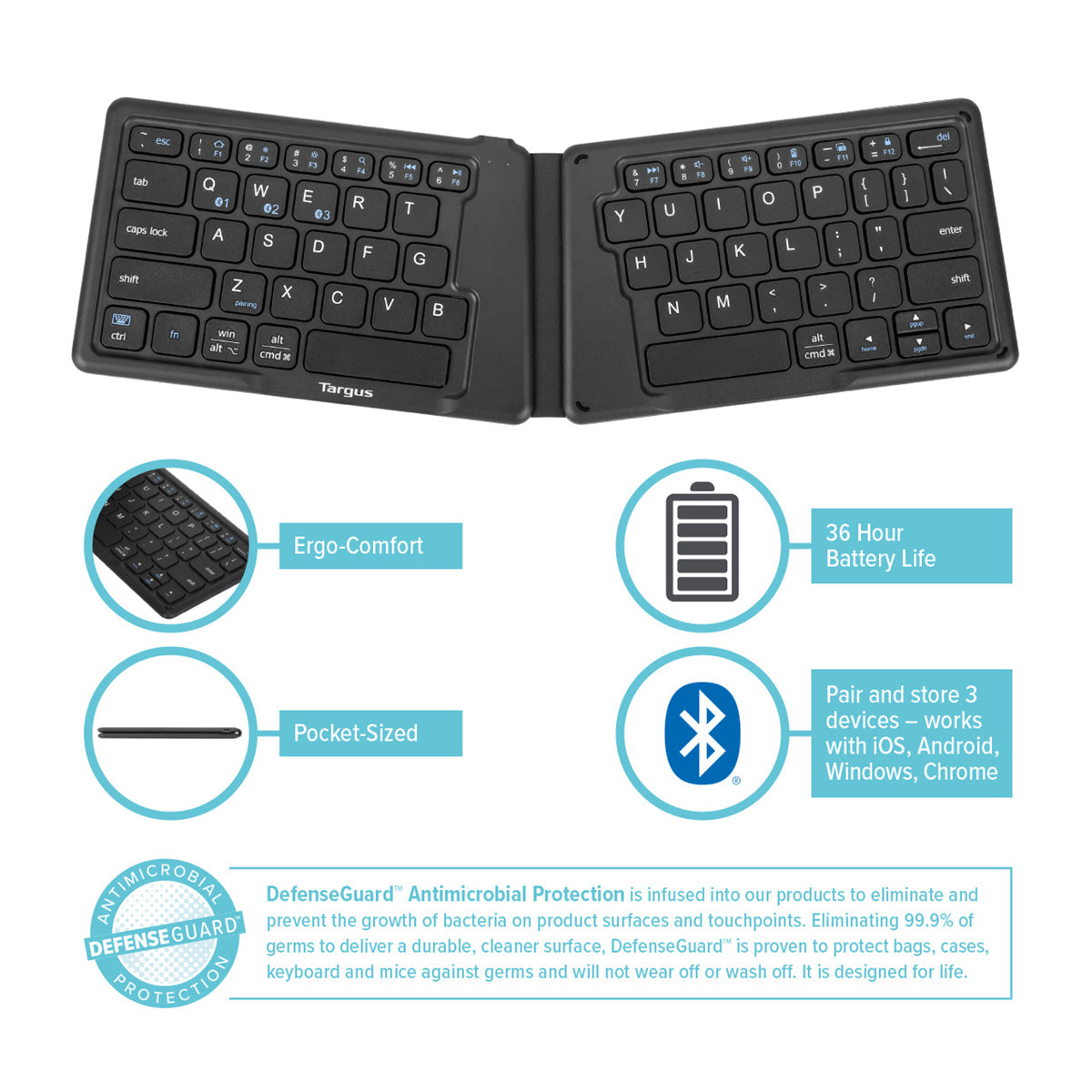 Targus AKF003 Ergonomic Foldable Bluetooth Antimicrobial Keyboard 隨身可折疊鍵盤