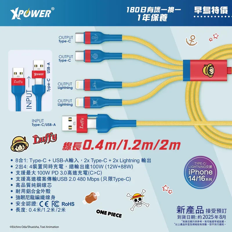 XPower《海賊王》BC24 8合1 2出4 100W PD3.0鋁合金傳輸高速充電線