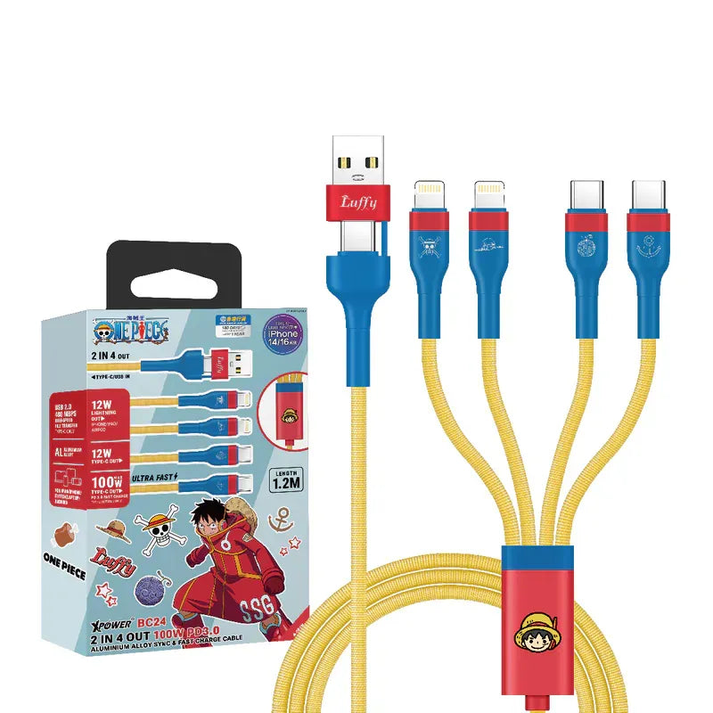 XPower《海賊王》BC24 8合1 2出4 100W PD3.0鋁合金傳輸高速充電線