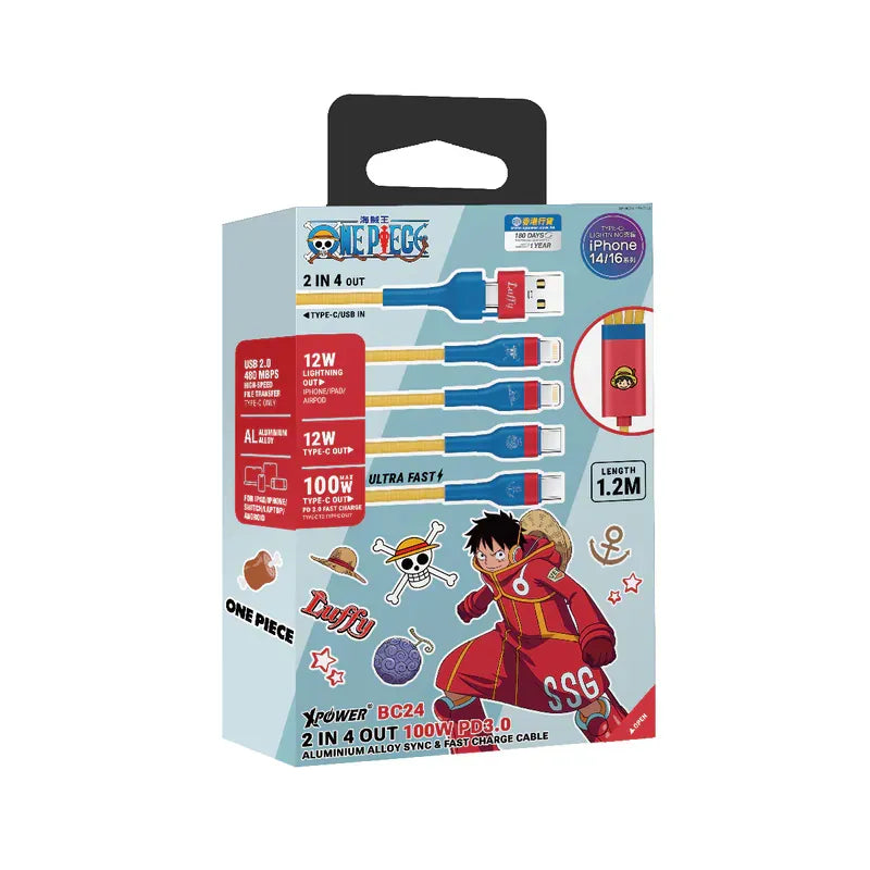 XPower《海賊王》BC24 8合1 2出4 100W PD3.0鋁合金傳輸高速充電線
