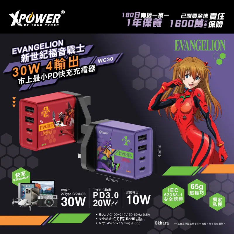 XPower《EVA新世紀福音戰士》30W 4輸出PD快充充電器 (WC30)