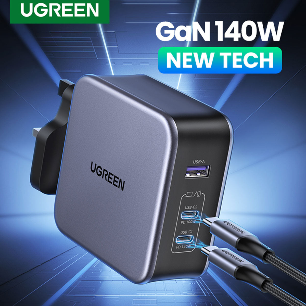 UGREEN GaN 140W USB Fast Wall Charger with Cable (3-Ports) 插牆式